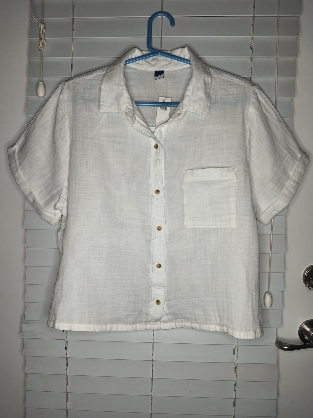 NWT Old Navy Women White Crinkle Gauze Short Sleeve Button Down Shirt Blouse L